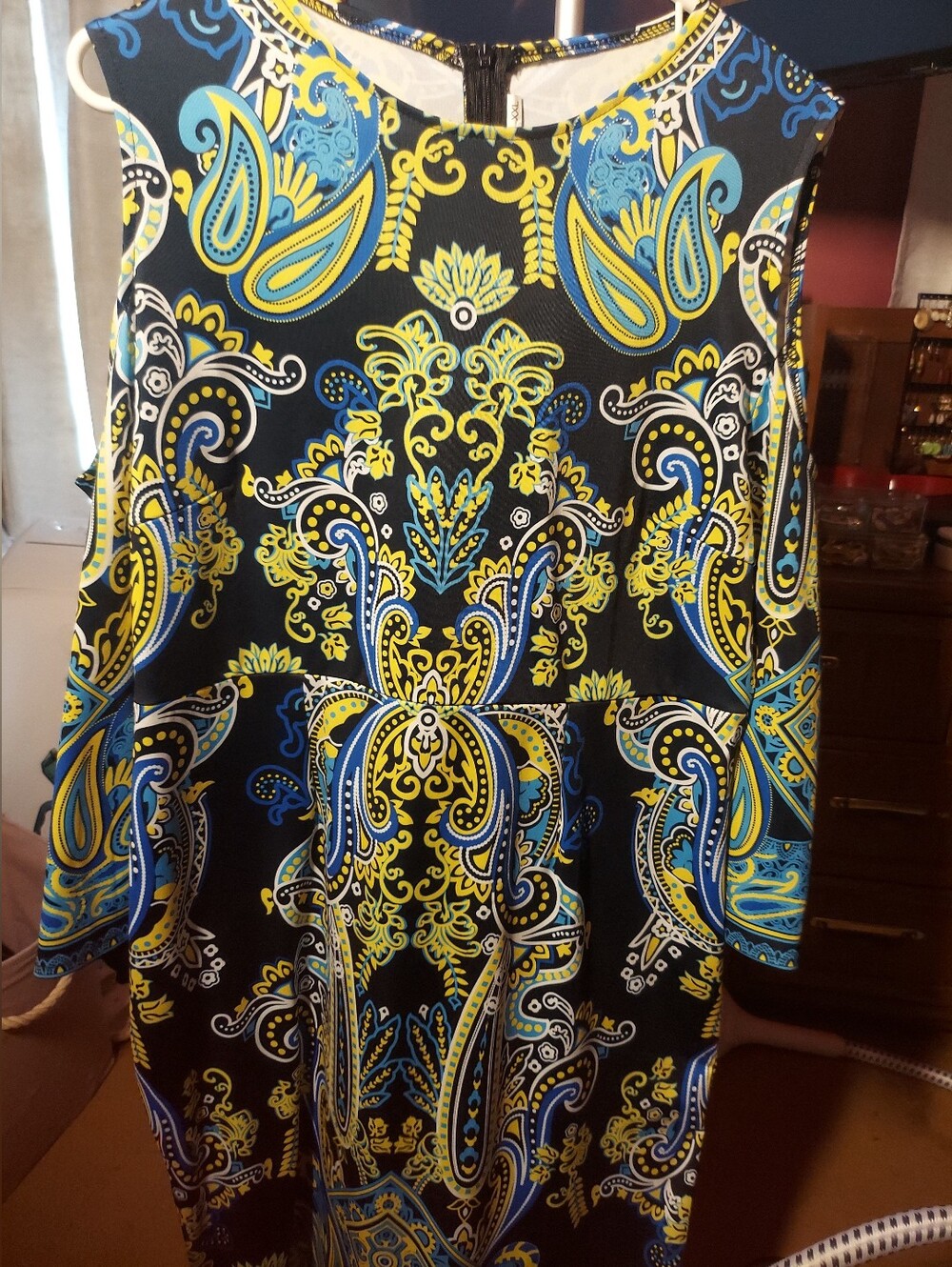 Blue Green Paisley Cold Shoulder Long Sleeve Dress Women XL